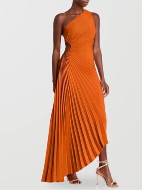 A.L.C. One-Shoulder Pleated Cutout Maxi Dress in Orange